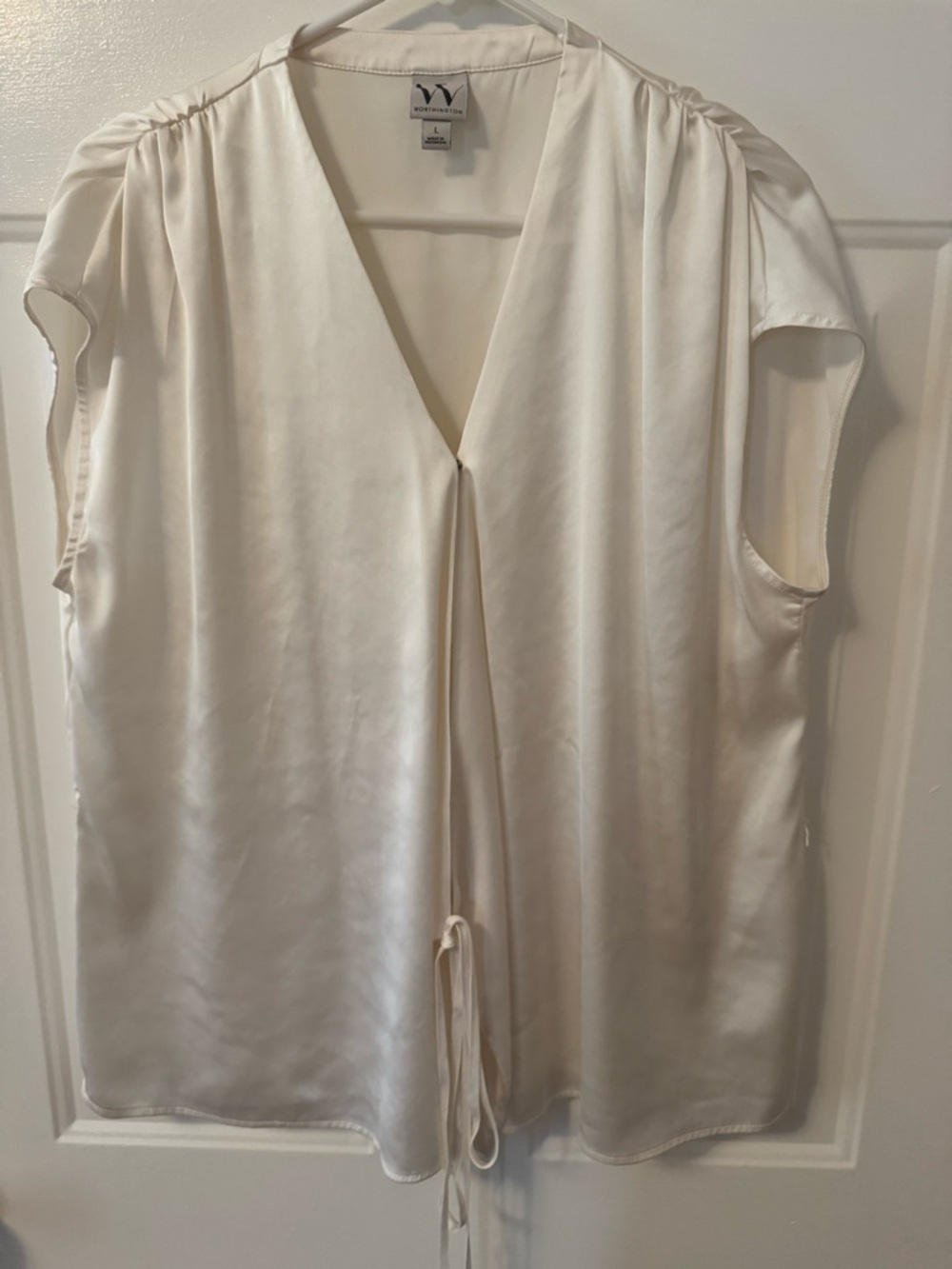 Worthington Cream Satin V-Neck Tie-Front Blouse